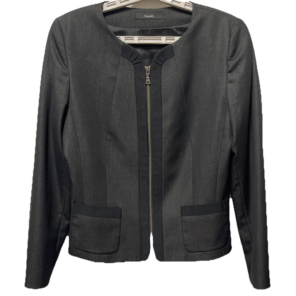 Tahari Gray Black Two Tone Zip Up Rayon Blend Lined Career Jacket Blazer Sz 10